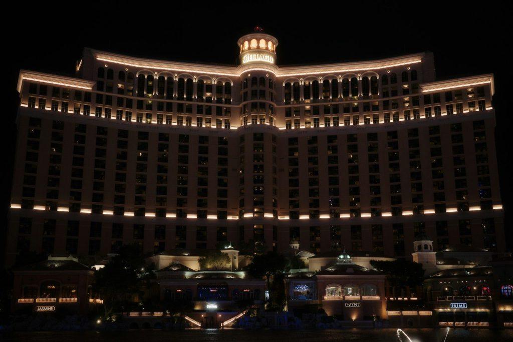 The bellagio hotel glows at night in las vegas
